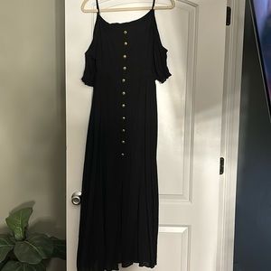 Black button down maxi dress with short sleeves and spaghetti straps